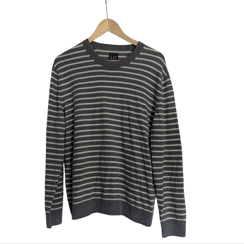 GAP Gray and White Striped Crew Neck Sweater
